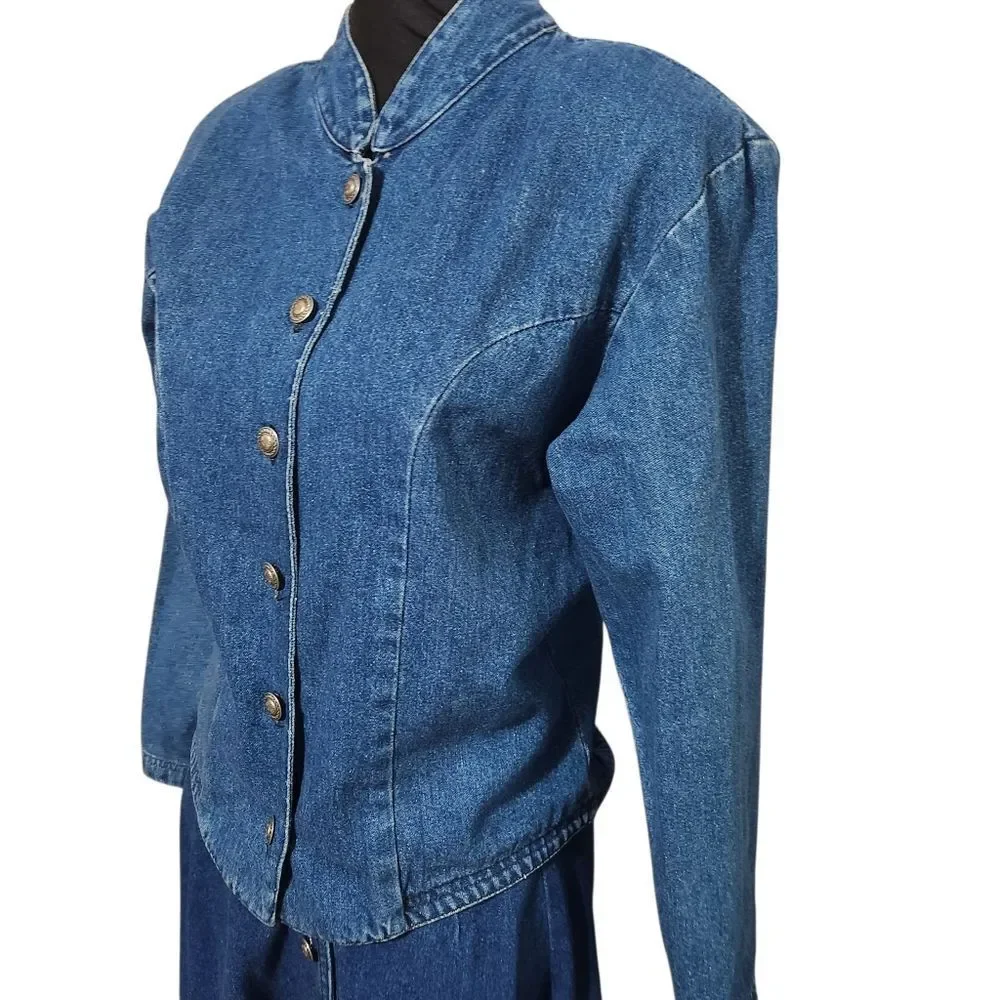 Vintage Waco Denim Outfit Womens Size 4 XS S Blue Jean Long Full Skirt Jacket